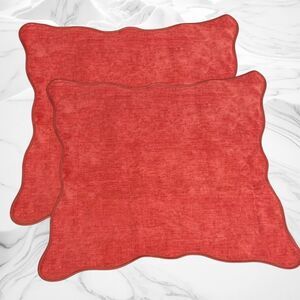 Scalloped Border Throw Pillow Covers 2 Pk, Soft Chenille Red 18" x 18"